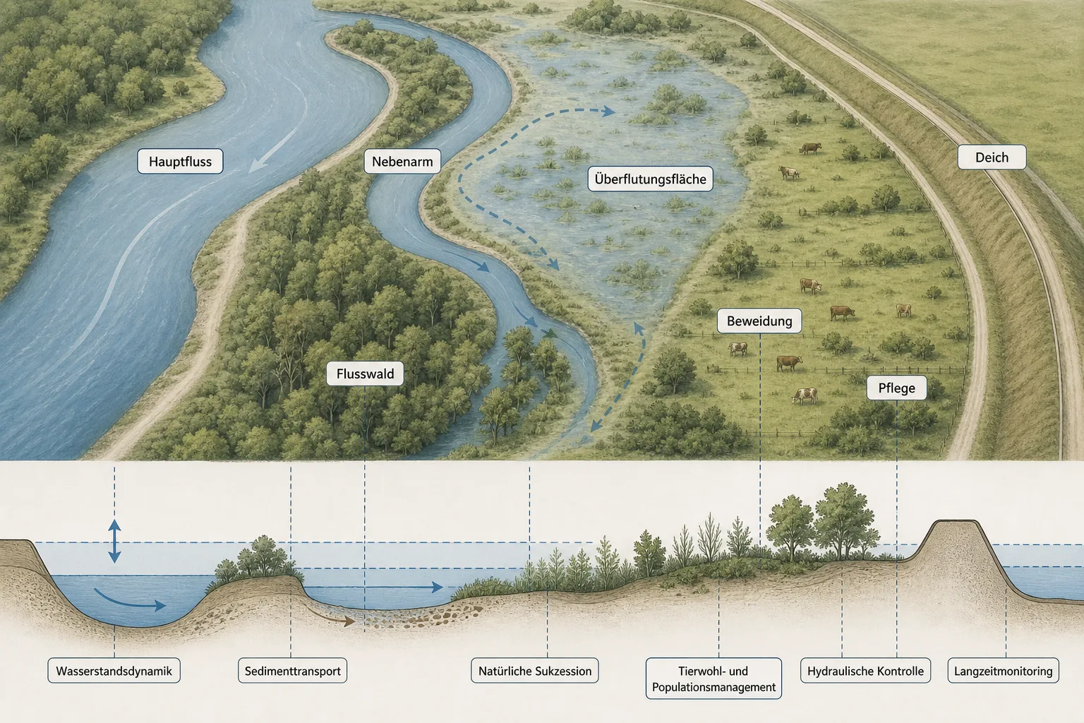 Erklärgrafik einer Flussaue mit Hauptfluss, Nebenarm, Überflutungsfläche, Deich, Beweidung, Pflege und Monitoring