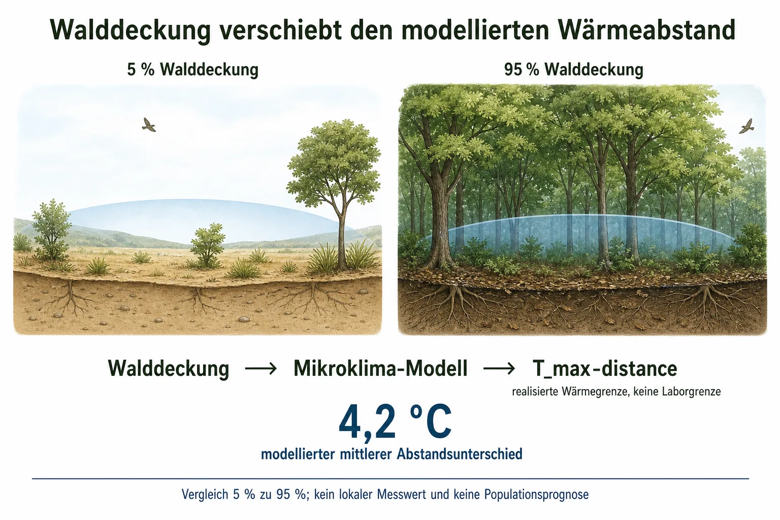 Originalgrafik vergleicht 5 und 95 Prozent Walddeckung über Mikroklima-Modell und T_max-distance mit 4,2 Grad modelliertem Abstandsunterschied