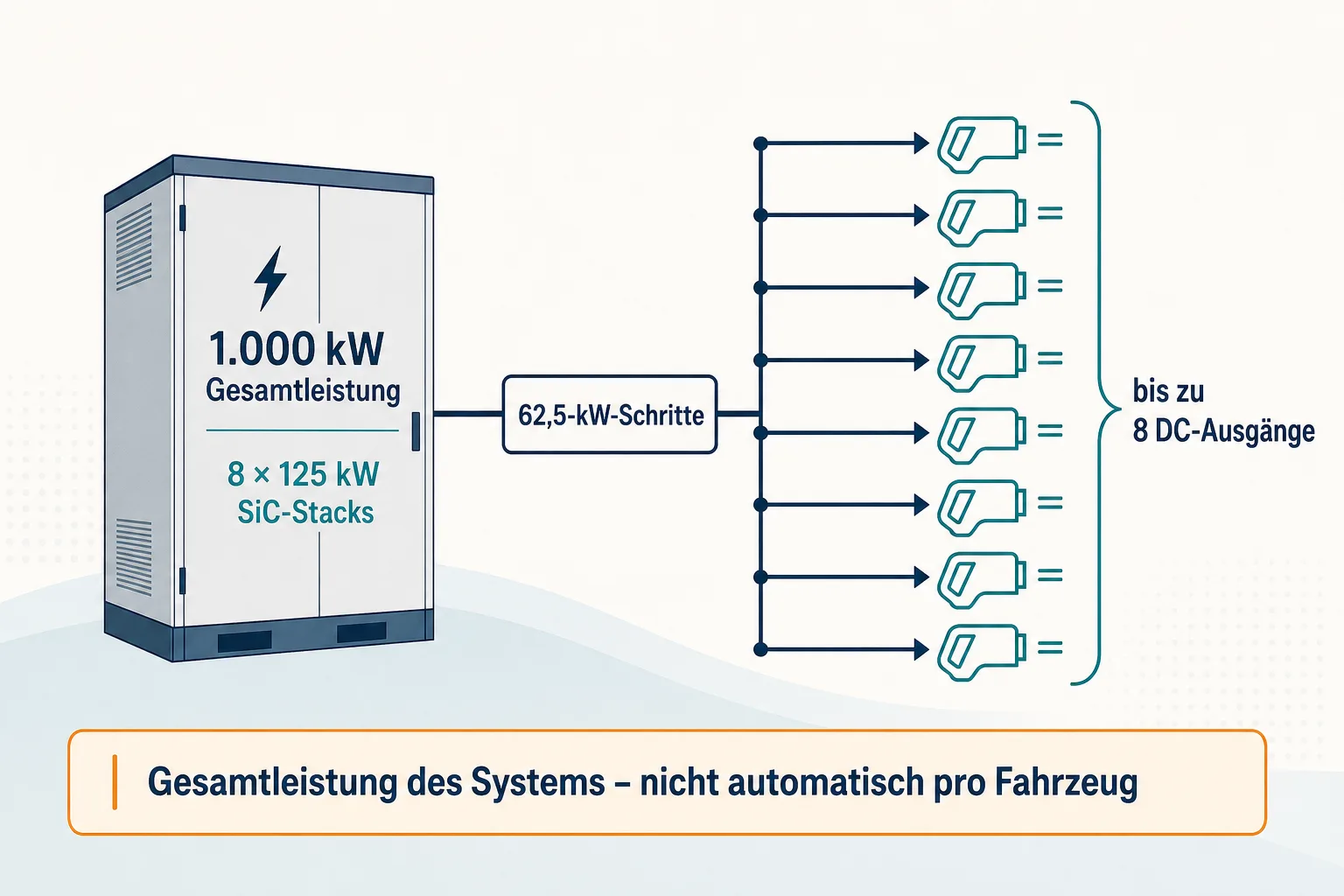 Originalgrafik ordnet 1.000 kW Gesamtleistung, acht 125-kW-SiC-Stacks, 62,5-kW-Schritte und bis zu acht DC-Ausgänge ein.