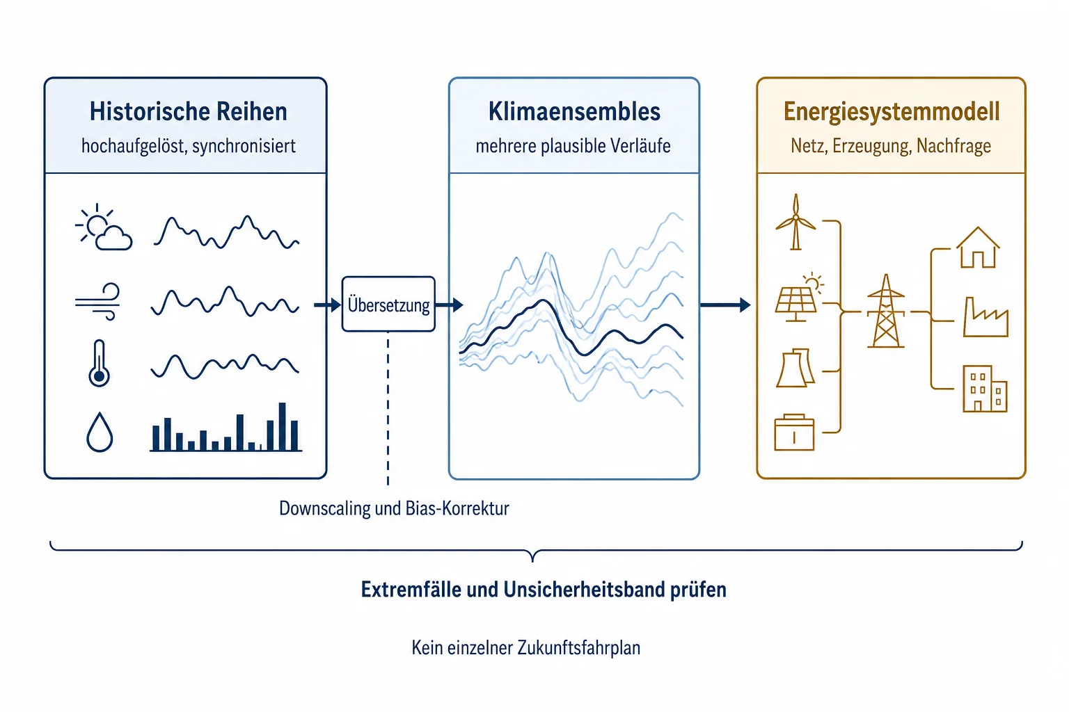 Originalgrafik verbindet historische Reihen, Klimaensembles und ein Energiesystemmodell über eine gekennzeichnete Übersetzung mit Unsicherheitsprüfung.