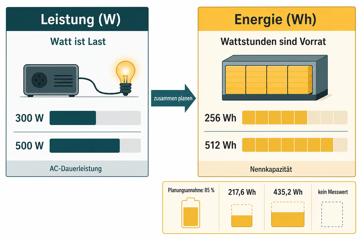 Originalgrafik stellt Leistung in Watt und Energievorrat in Wattstunden gegenüber und kennzeichnet die 85-Prozent-Planungsannahme.