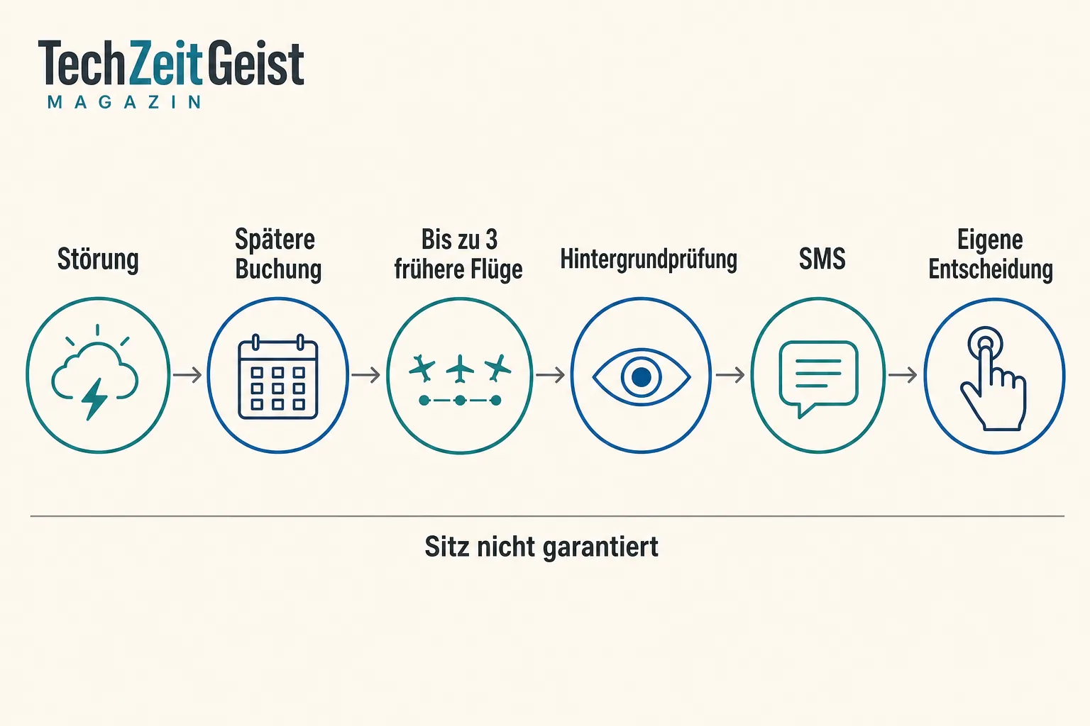Originalgrafik zeigt den Ablauf von der Störung über drei beobachtete frühere Flüge und SMS bis zur eigenen Entscheidung ohne Sitzgarantie.