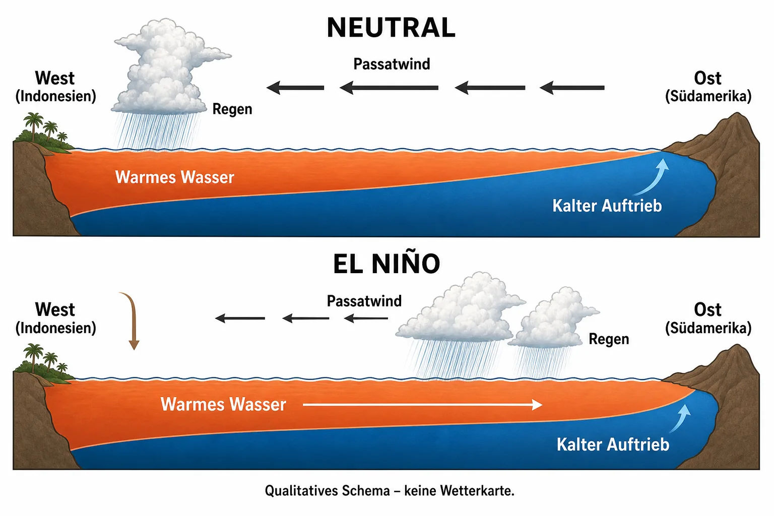 Qualitative Vergleichsskizze: Bei El Niño schwächen sich die Passatwinde ab, warmes Wasser und Regen verlagern sich ostwärts, kalter Auftrieb nimmt ab.