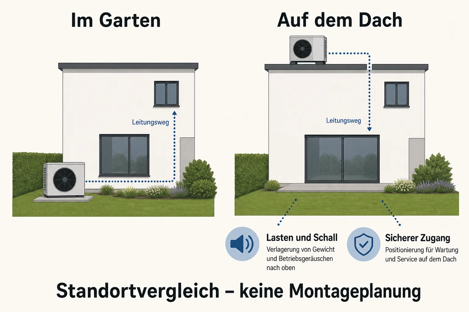 KI-Schema vergleicht eine Wärmepumpe im Garten mit einer Dachaufstellung und markiert Leitungsweg, Lasten, Schall und Zugang als Planungsfragen.