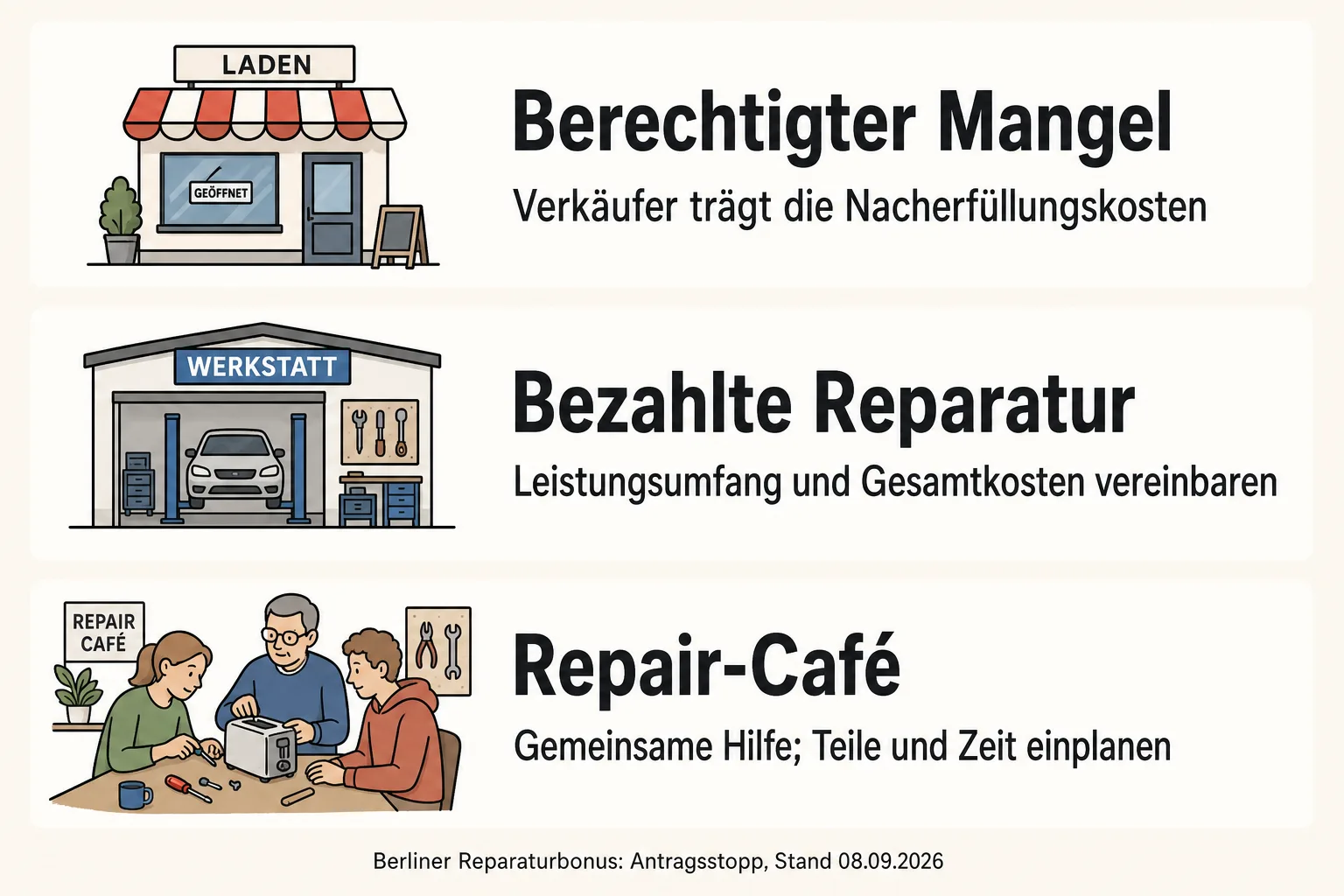 KI-Schaubild: berechtigter Mangel zum Verkäufer, bezahlte Reparatur mit vereinbarten Gesamtkosten und Repair-Café mit Teile- und Zeitbedarf.