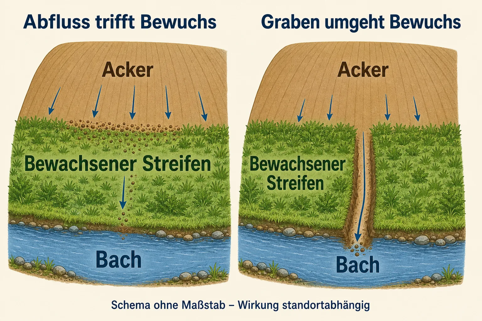KI-Schema: links trifft Ackerabfluss auf einen bewachsenen Streifen, rechts führt ein Graben durch eine Lücke zum Bach.