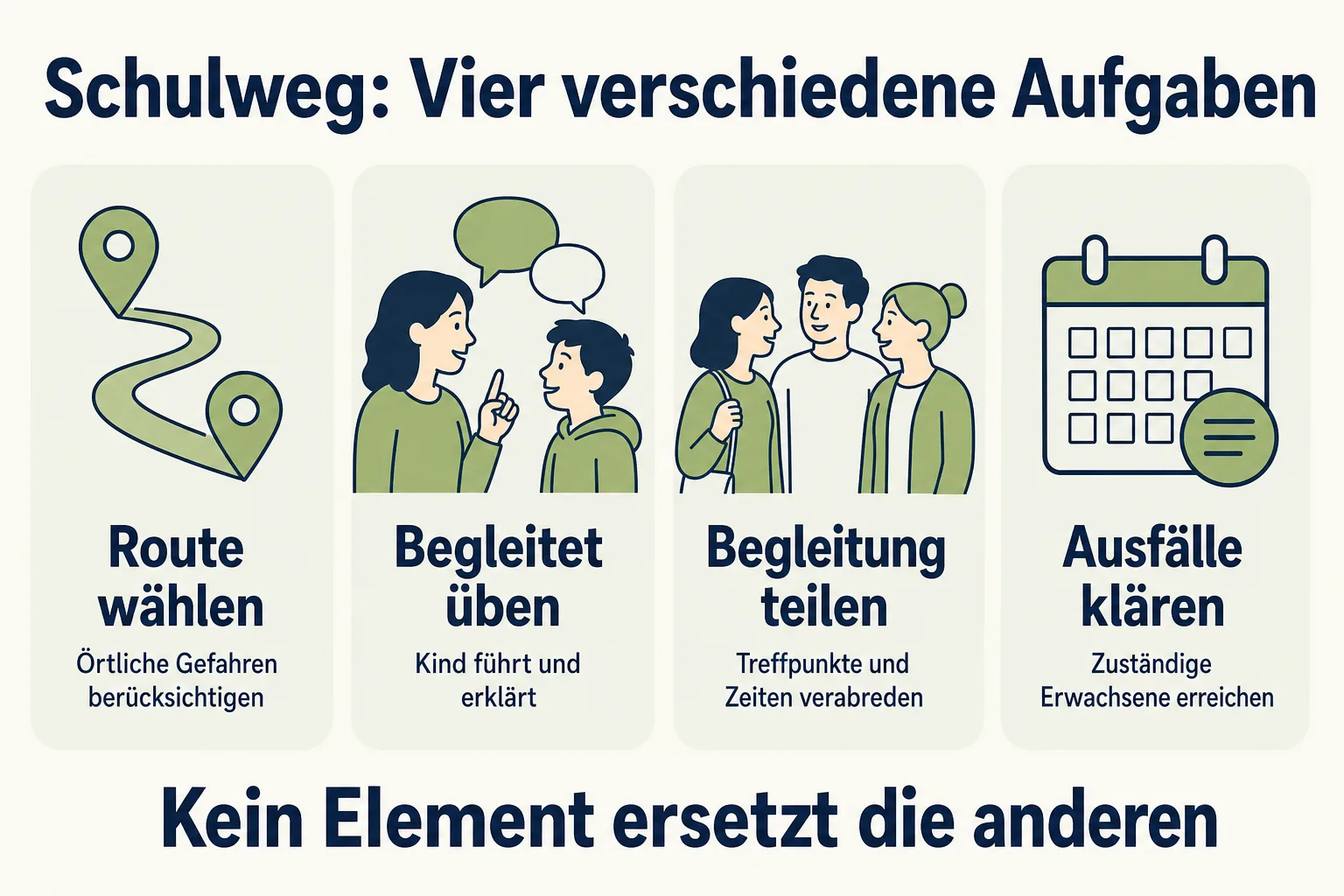 KI-Schema zu Routenwahl, begleitetem Üben, geteilter Begleitung und Absprachen bei Ausfällen; keine Aufgabe ersetzt die anderen.