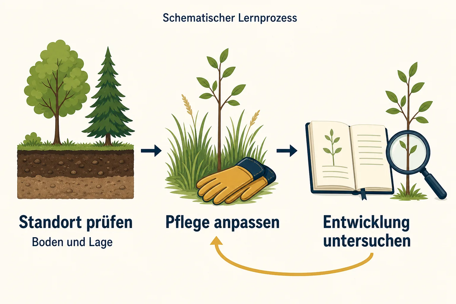 KI-Schema verbindet Standortprüfung, angepasste Pflege und Untersuchung der Waldentwicklung; ein Rückpfeil zeigt die Wiederholung.