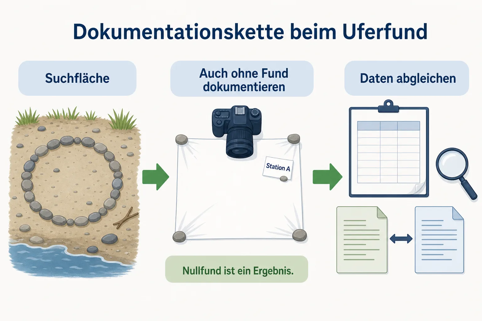 KI-Erklärgrafik: festgelegte Suchfläche, beschriftetes Foto auch ohne Fund und Abgleich mit Datentabelle.