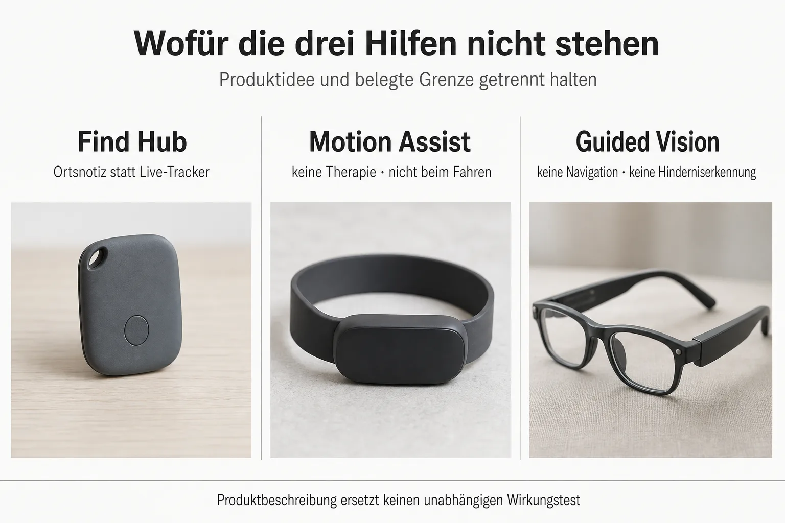 Vergleichsgrafik trennt Ortsnotiz, Bewegungshilfe und Kamerahilfe von Live-Tracking, Therapie und Navigation
