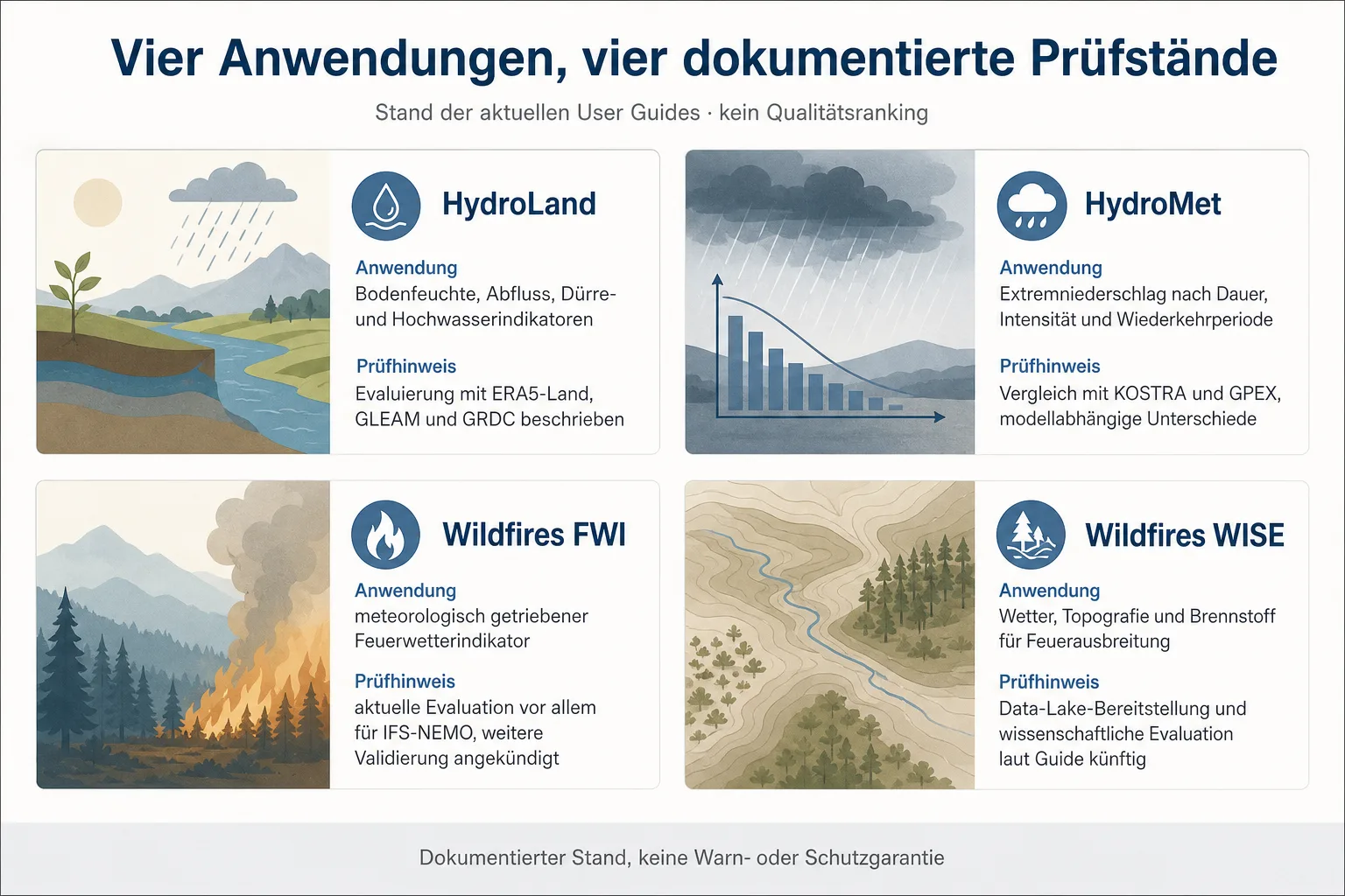 Vier gleichrangige Karten vergleichen HydroLand, HydroMet, Wildfires FWI und Wildfires WISE nach Funktion und dokumentiertem Prüfstand