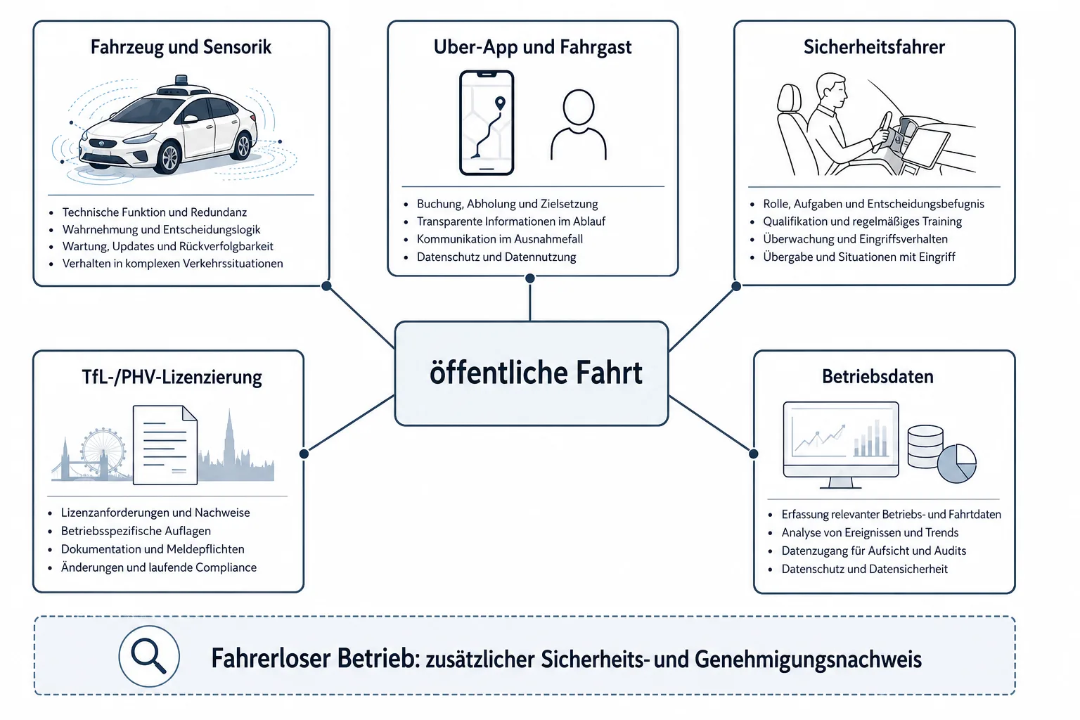 Originalgrafik verbindet öffentliche Fahrt mit Fahrzeug und Sensorik, App und Fahrgast, Sicherheitsfahrer, Lizenzierung und Betriebsdaten
