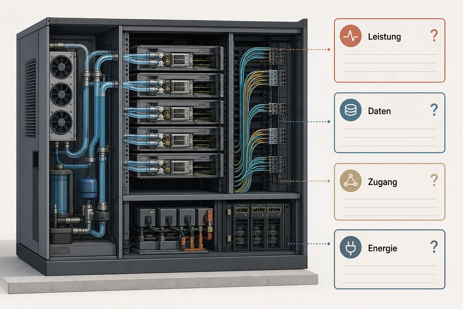 Eine technische Illustration verbindet Rechenmodule, Speicher, Glasfaserverbindungen und Flüssigkühlung mit vier offenen Prüffragen.