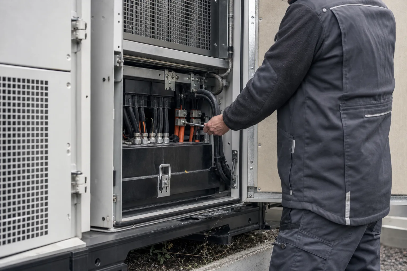 Wartungsperson prüft Kabeldurchführungen und Kühlkanäle an der geöffneten Serviceklappe eines Batteriecontainers