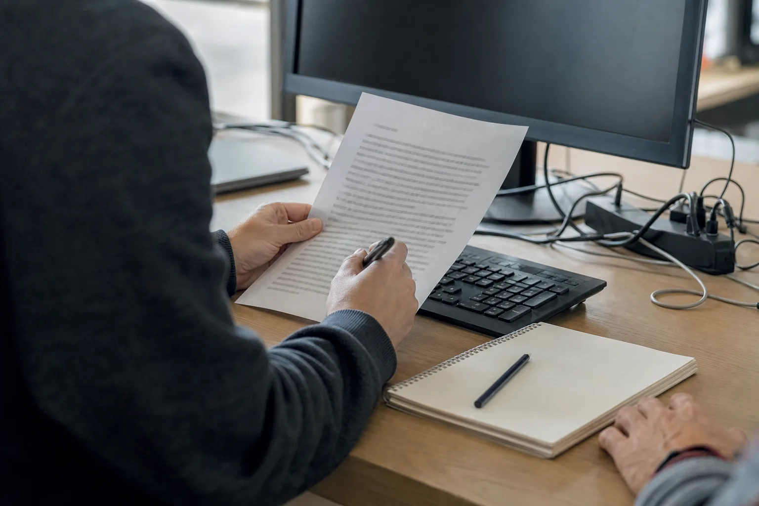 Person an unbeschriftetem Arbeitsplatz mit Notizblatt und neutralem Monitor bei der Prüfung eines Arbeitsablaufs