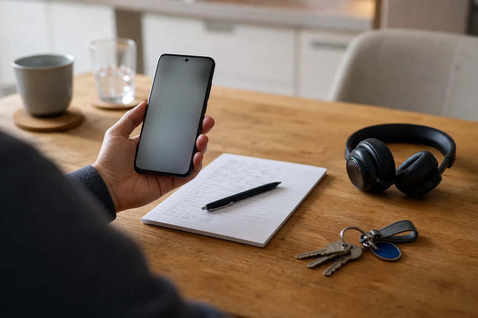 Person prüft ein unmarkiertes Smartphone neben Notizblatt, Stift, Kopfhörern und Schlüsselbund