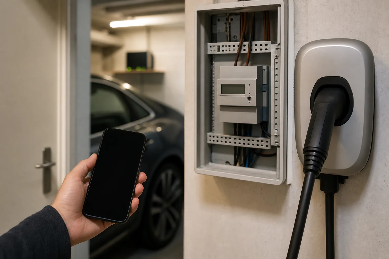Wallbox, Ladekabel und neutraler Stromzähler in einer privaten Ladeumgebung
