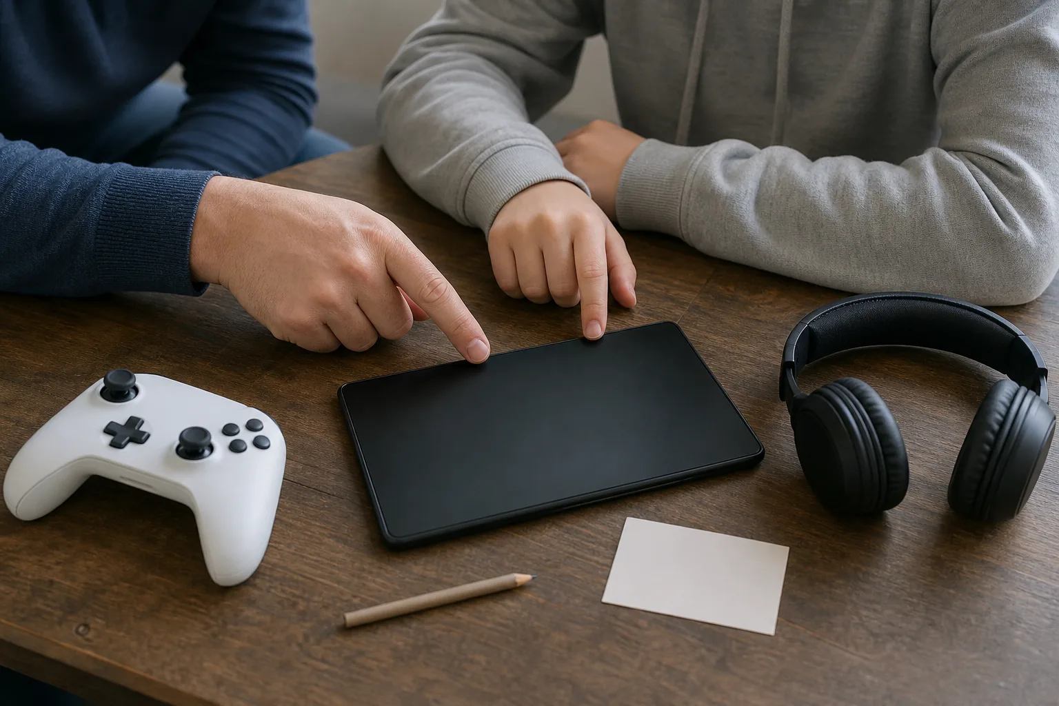 Erwachsene und Jugendliche Hände neben Controller, Kopfhörern und ausgeschaltetem Tablet