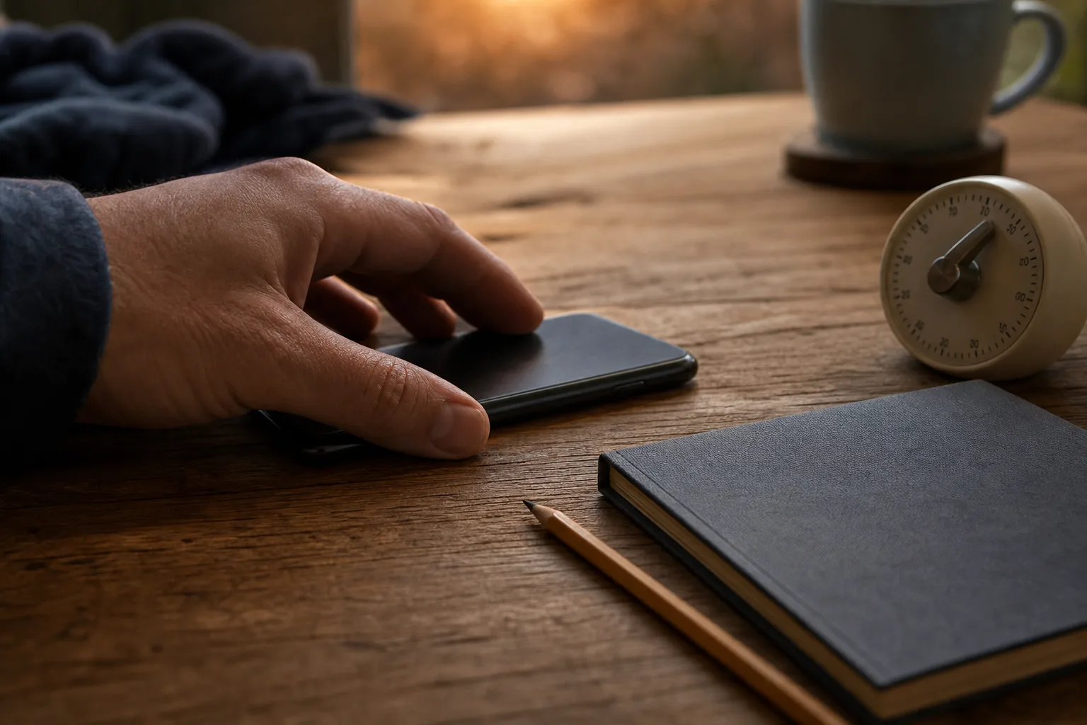 Erwachsene Hand legt ein unmarkiertes Smartphone mit der Bildschirmseite nach unten neben Notizbuch und analogen Timer
