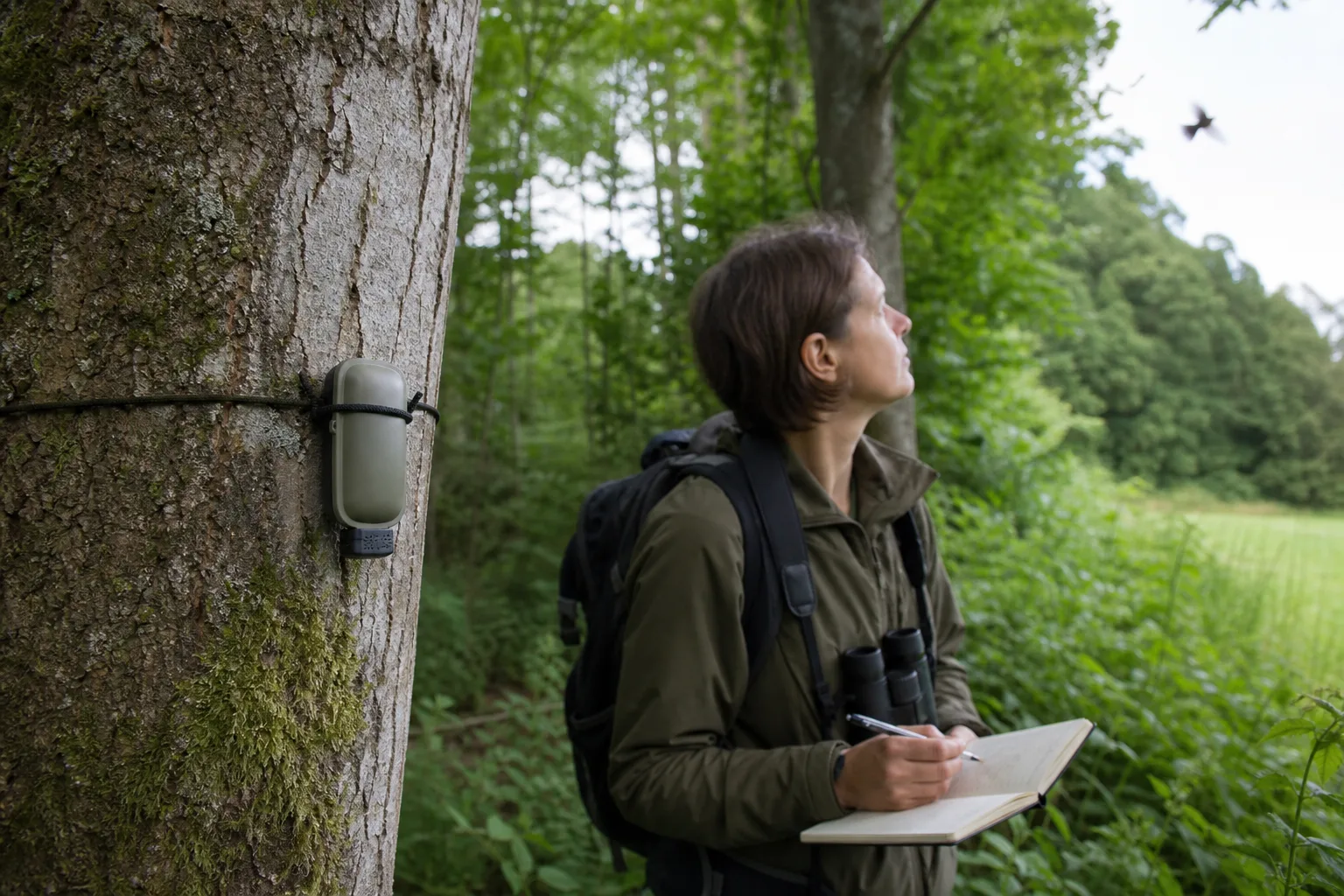 Unmarkierter Temperatur-Logger an einem Baumstamm neben Notizbuch und Fernglas am Waldrand