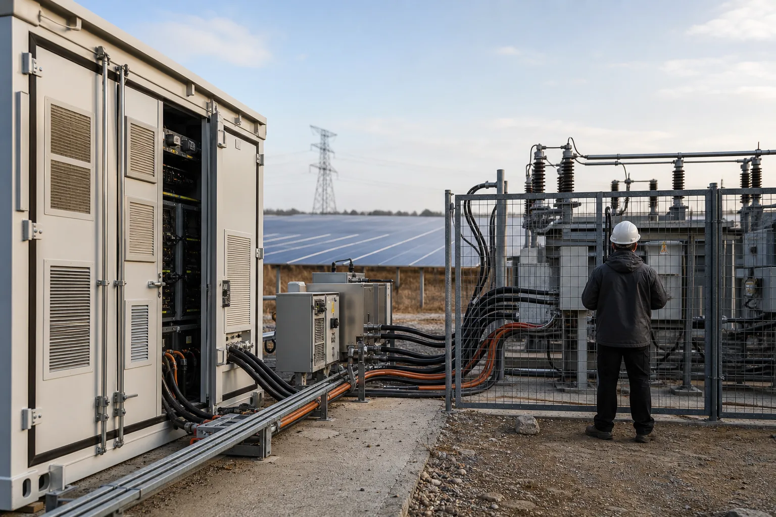 Batteriespeicher, Leistungselektronik, Kabel und Hochspannungsschalttechnik an einer illustrativen Solarpark-Netzschnittstelle.