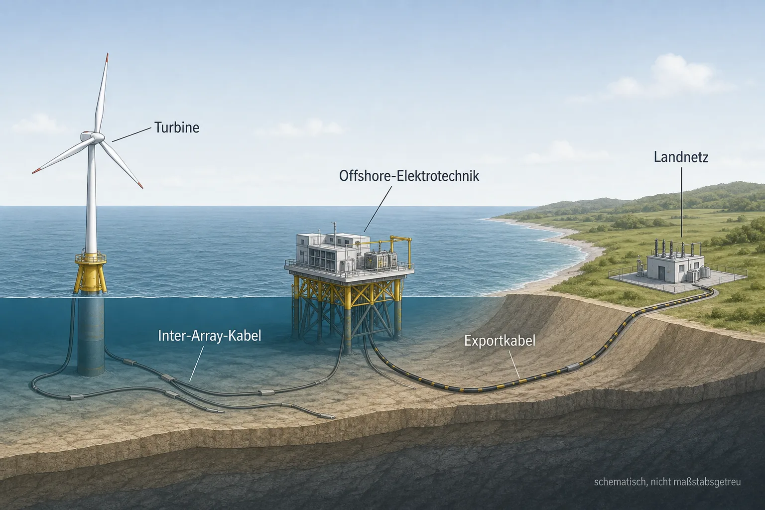 Schematische Querschnittsgrafik mit Offshore-Windturbine, Inter-Array-Kabel, Offshore-Elektrotechnik, Exportkabel und Landnetz.