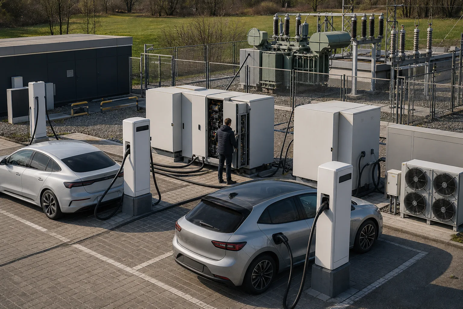 Mehrere Elektroautos, DC-Dispenser, ein Power-Cabinet, gekühlte Ladekabel und Transformator an einer illustrativen Ladehub-Infrastruktur.