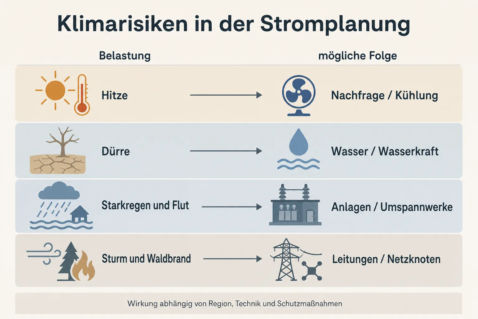 Originalgrafik ordnet Hitze, Dürre, Starkregen und Flut sowie Sturm und Waldbrand möglichen Folgen für Stromnachfrage, Wasser und Netzanlagen zu.