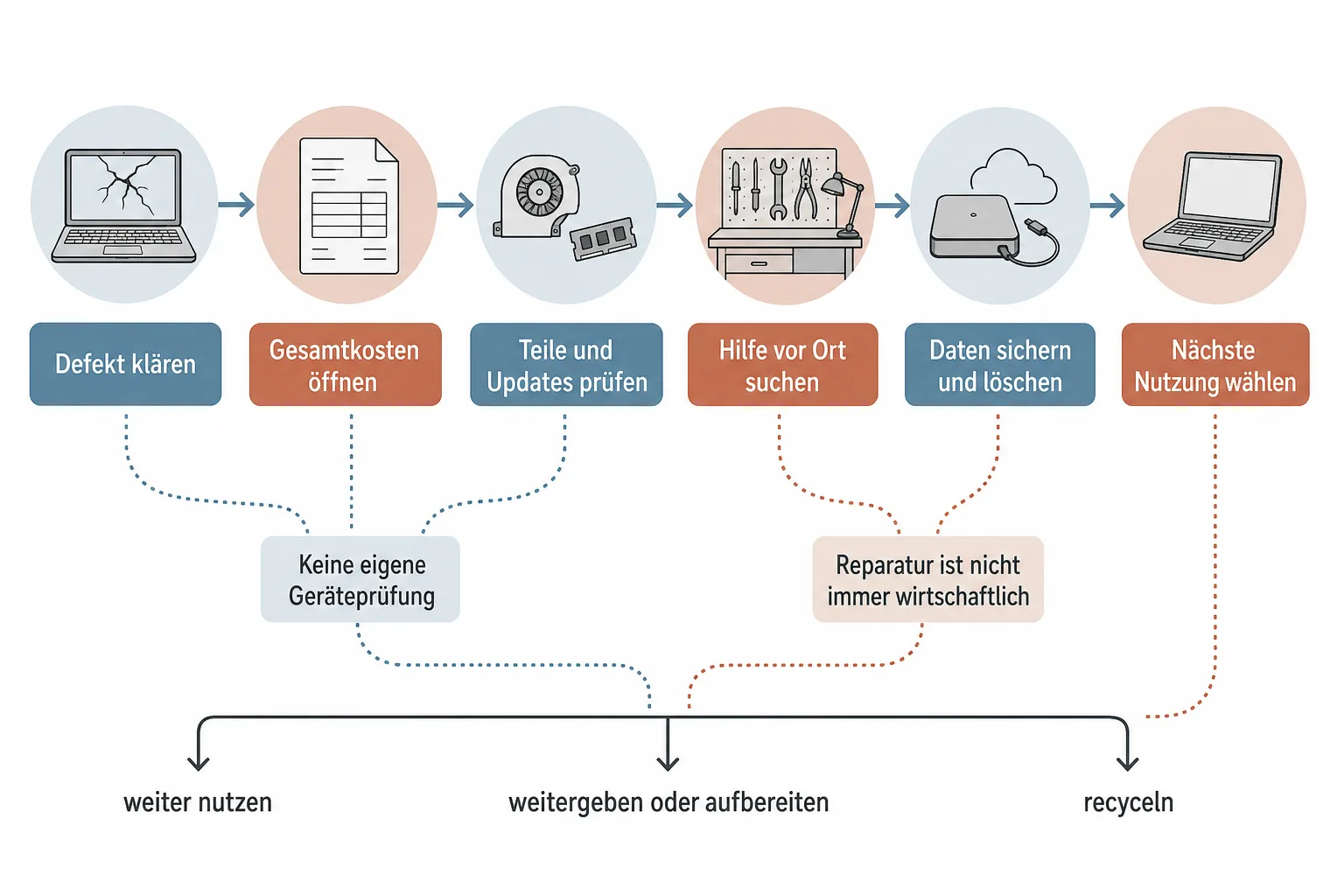 Originalgrafik führt vom Defekt über Kosten, Teile, Hilfe und Datenprüfung zu drei möglichen nächsten Nutzungen.