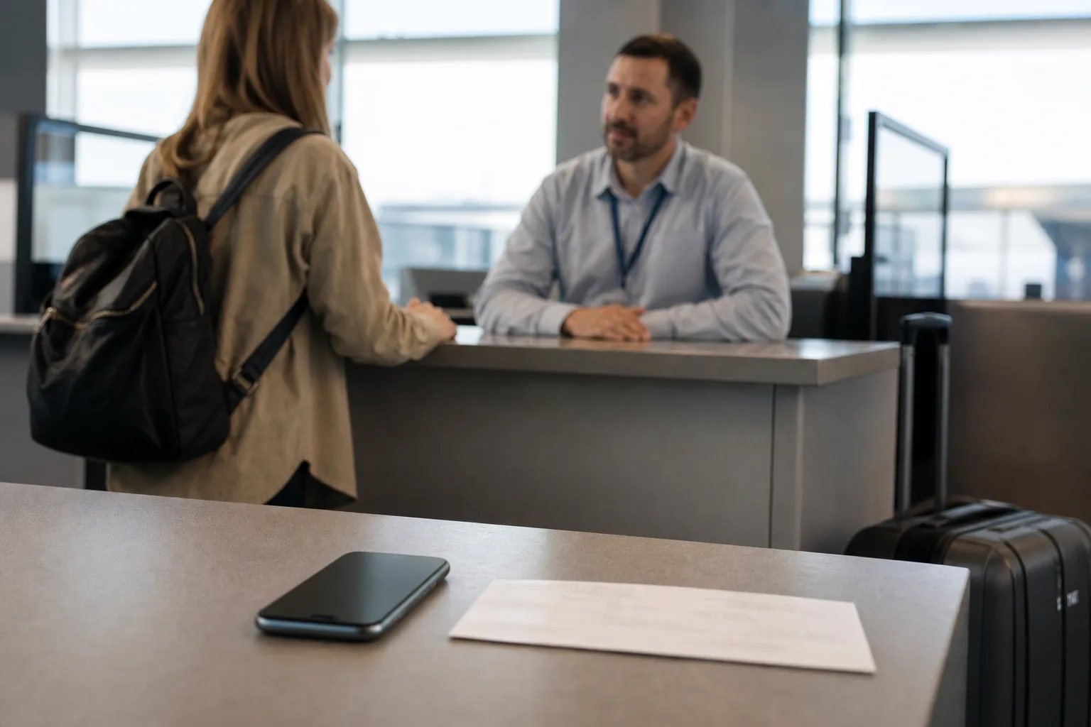 Reisende spricht an einem neutralen Flughafen-Servicepunkt mit einem Mitarbeiter neben Smartphone und unleserlichem Reisebeleg.