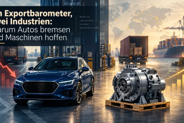 Auto und Industriemaschine in einer Exporthalle