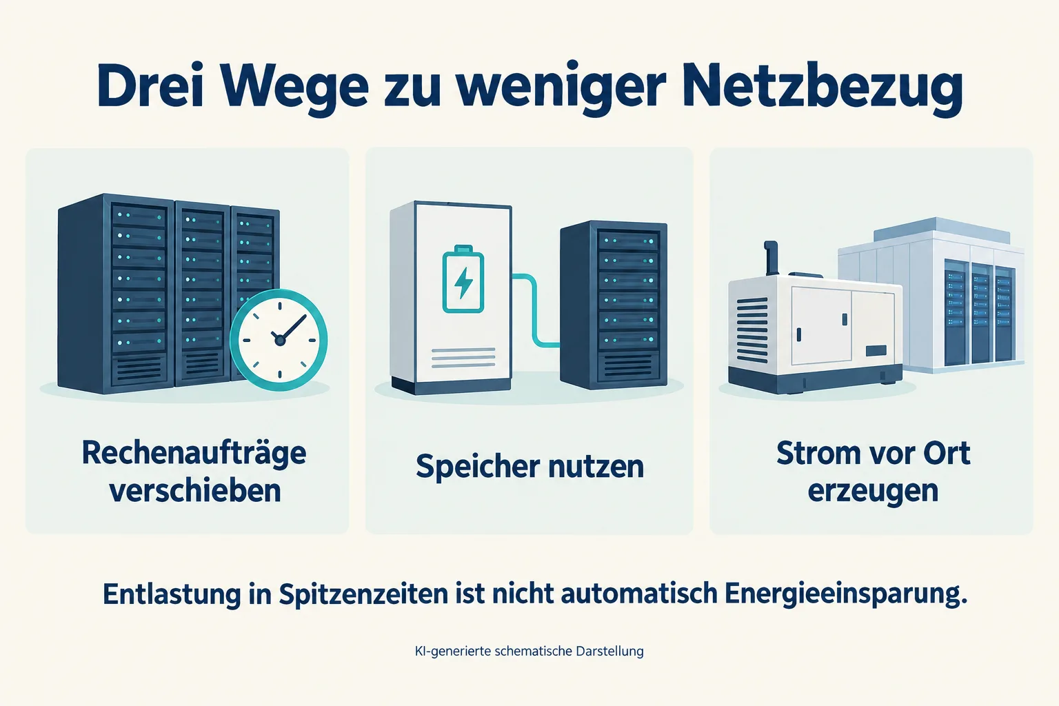 Schema mit drei Möglichkeiten zur Entlastung des Netzbezugs: Rechenaufträge verschieben, Speicher nutzen und Strom vor Ort erzeugen.