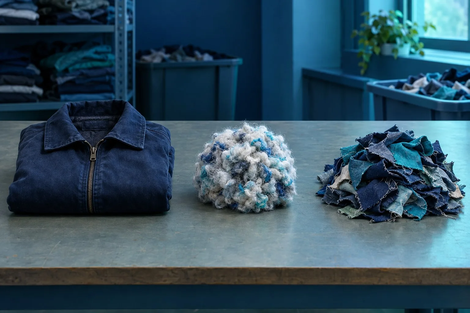 Jacke, Faserbündel und Stoffreste liegen als Symbole für Wiederverwendung, Recycling und Entsorgung auf einem Sortiertisch.