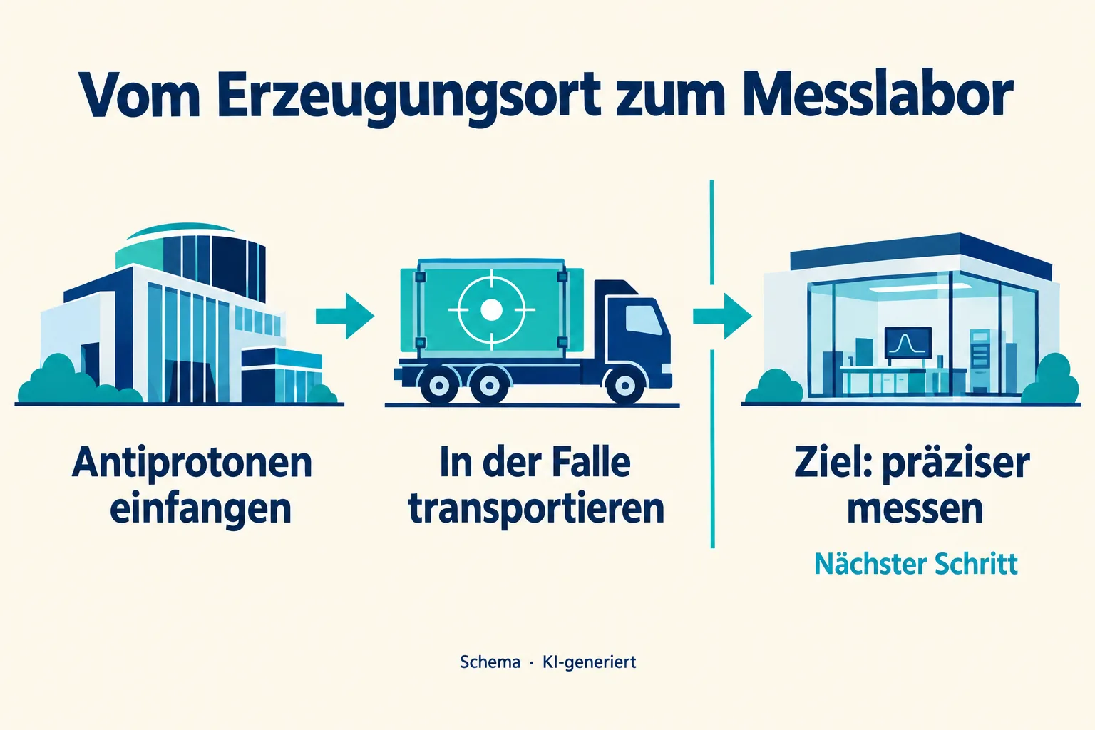 Drei schematische Stationen: Antiprotonen einfangen, in einer Falle transportieren und als nächster Schritt in einem ruhigen Labor präziser messen.
