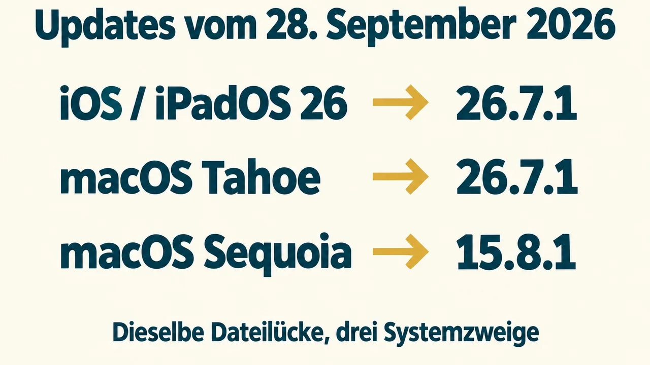 Drei Update-Zweige: iOS und iPadOS 26.7.1, macOS Tahoe 26.7.1 und macOS Sequoia 15.8.1.