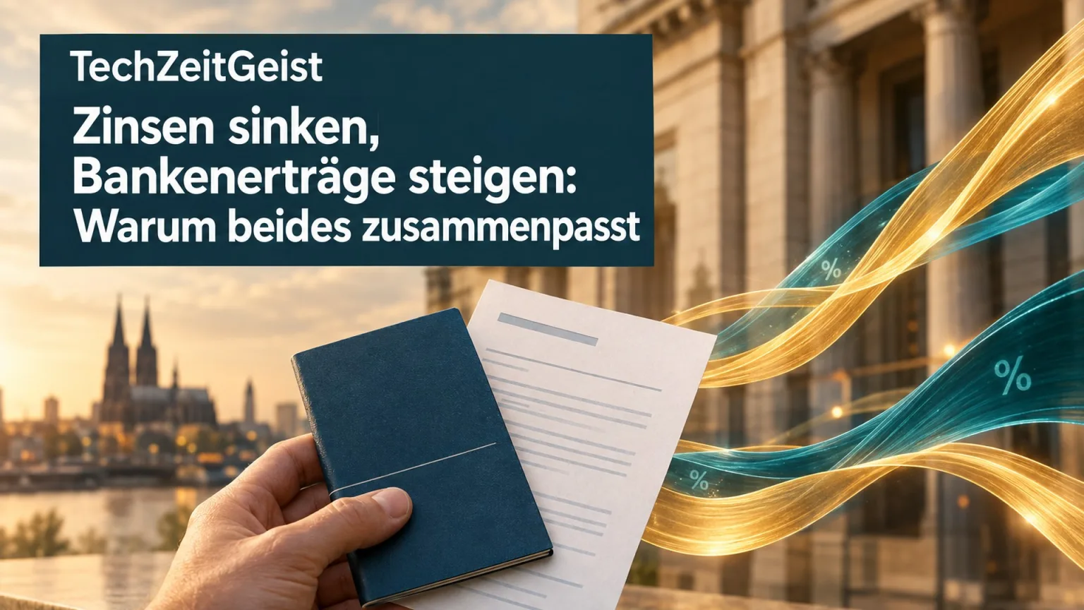 Symbolbild mit Sparbuch, Kreditunterlagen und zwei Zinsströmen