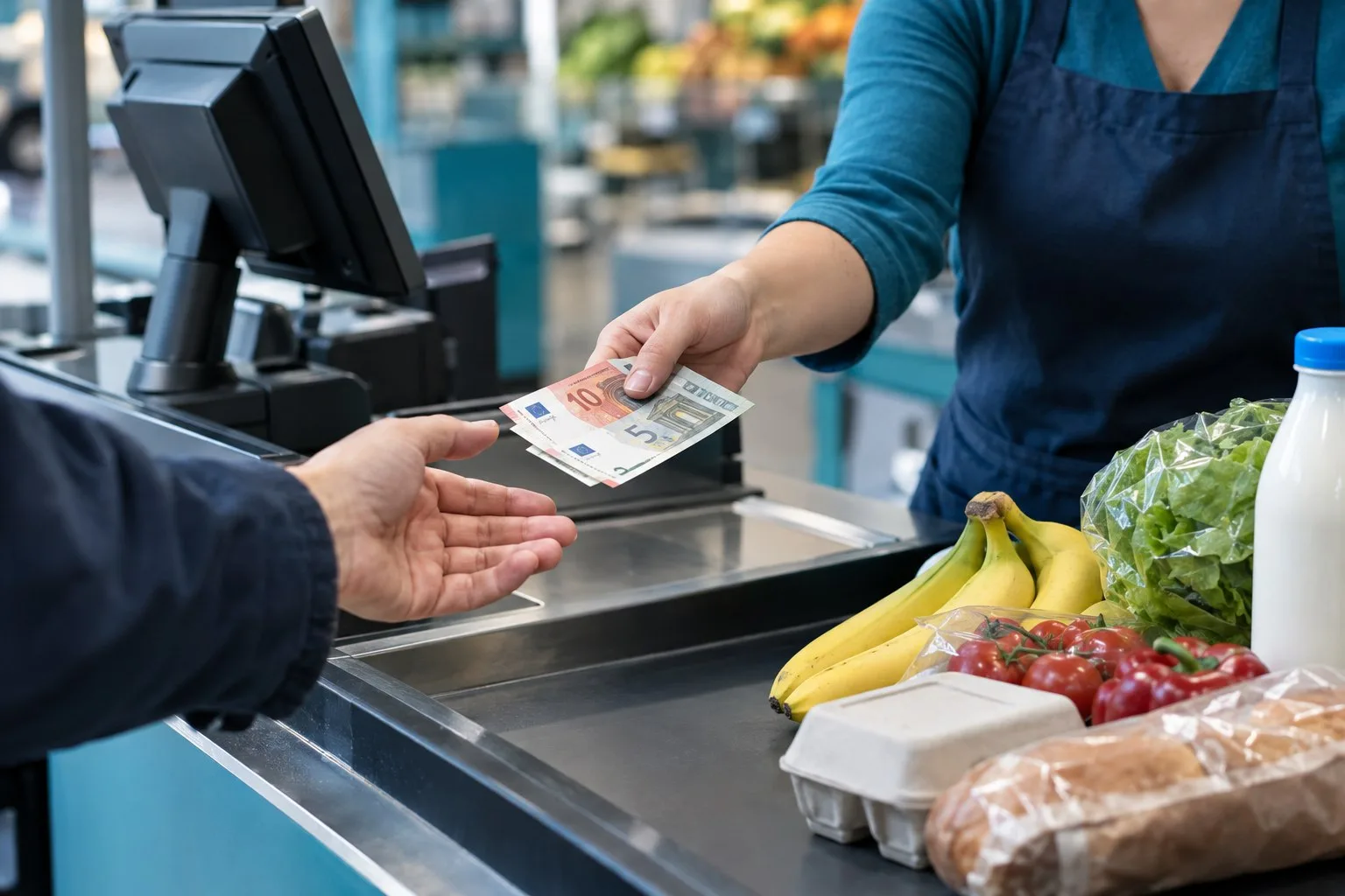 An einer Supermarktkasse werden symbolisch Euro-Banknoten an eine einkaufende Person gereicht.
