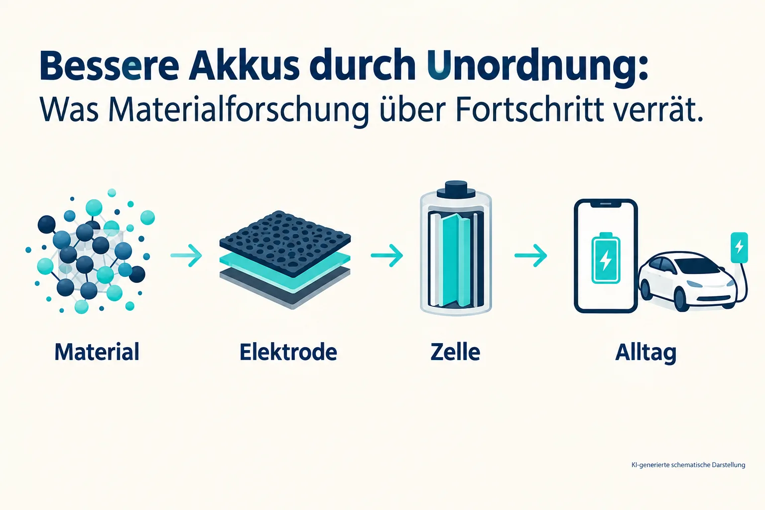 Schema der Entwicklungsebenen Material, Elektrode, Zelle und Alltag mit einfachen Symbolen.