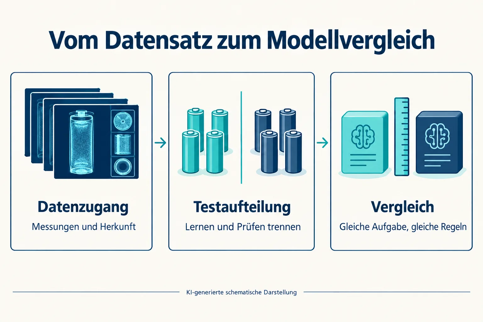 Drei Schritte mit Symbolen für Batteriemessungen, getrennte Lern- und Testdaten sowie einen gemeinsamen Modellvergleich.
