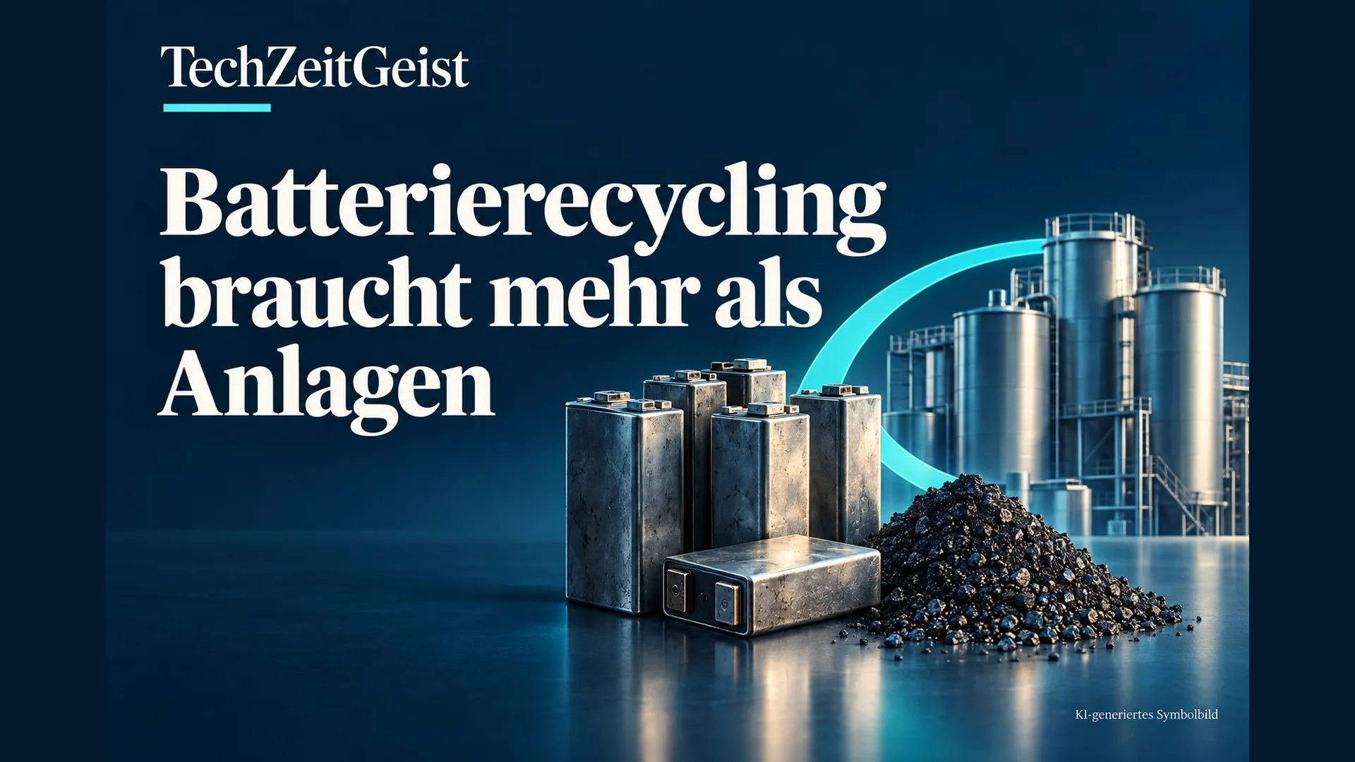 KI-Symbolbild mit gebrauchten Batteriezellen, dunklem Material und Industriesilos auf Navy-Hintergrund; Überschrift Batterierecycling braucht mehr als Anlagen.