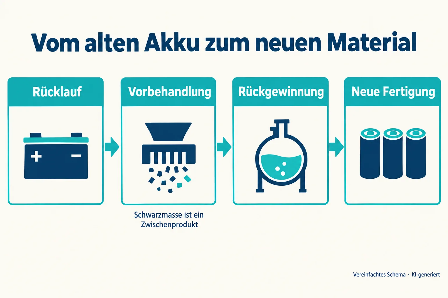 Vereinfachtes Schema mit den Stationen Rücklauf, Vorbehandlung, Rückgewinnung und neue Fertigung; Schwarzmasse ist als Zwischenprodukt markiert.
