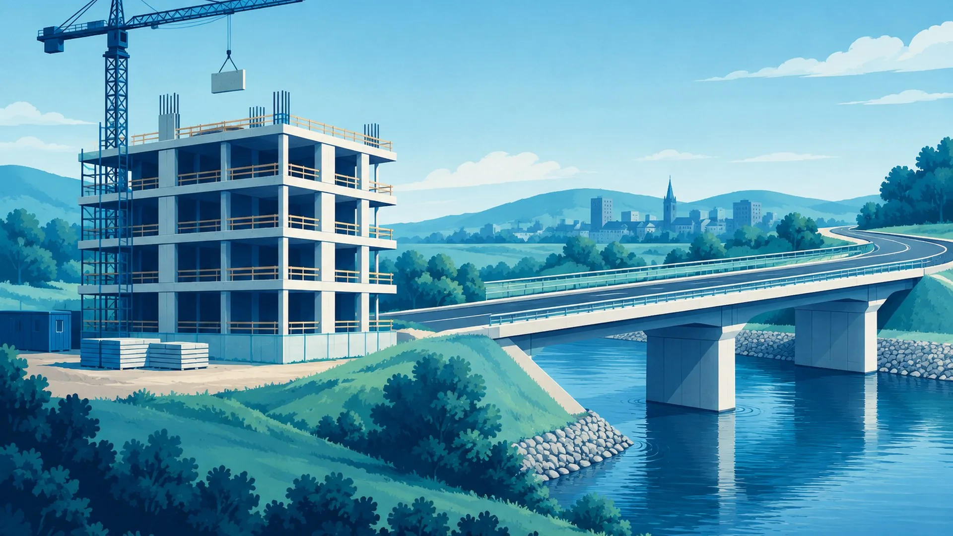 KI-Illustration eines Gebäuderohbaus und einer Brücke als Symbole für Hochbau und Tiefbau
