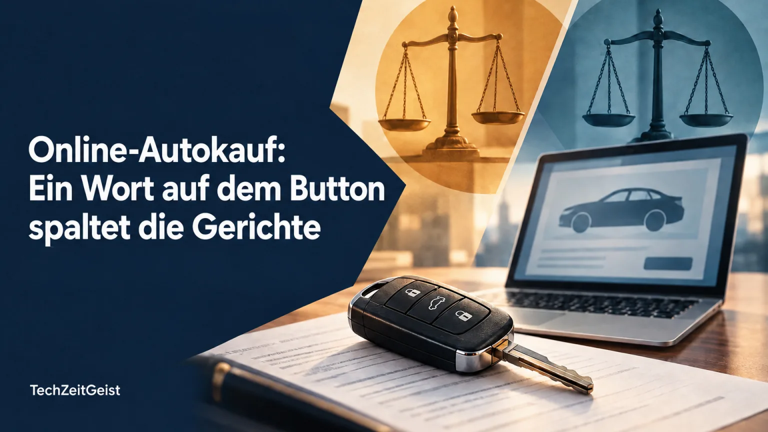 Magazinbild mit Laptop, Autoschlüssel und vollständiger Artikelüberschrift zum Online-Autokauf.