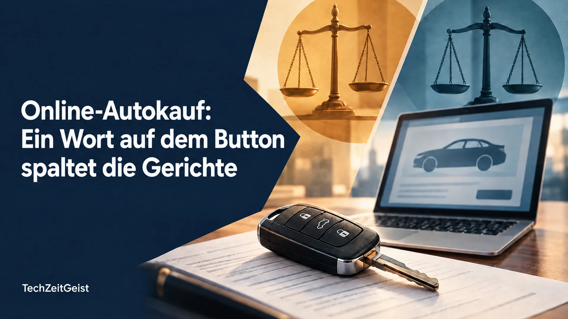 Magazinbild mit Laptop, Autoschlüssel und vollständiger Artikelüberschrift zum Online-Autokauf.