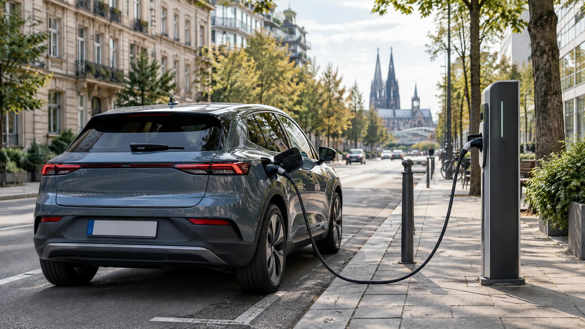 Elektroauto an Ladesäule im Alltag, redaktionelles Magazinbild