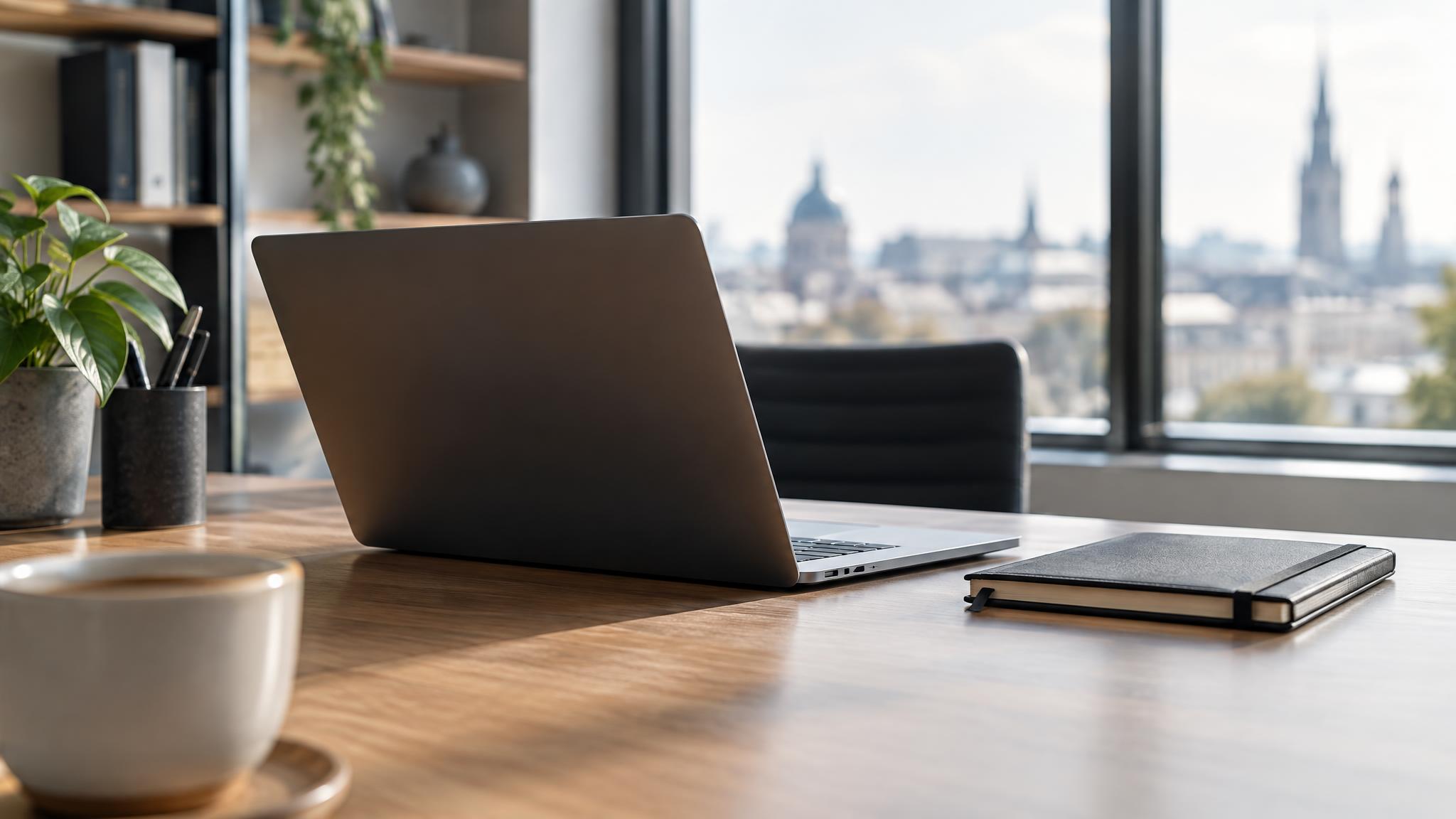 Laptop auf Schreibtisch im Büroalltag, Symbol für KI-Werkzeuge am Arbeitsplatz