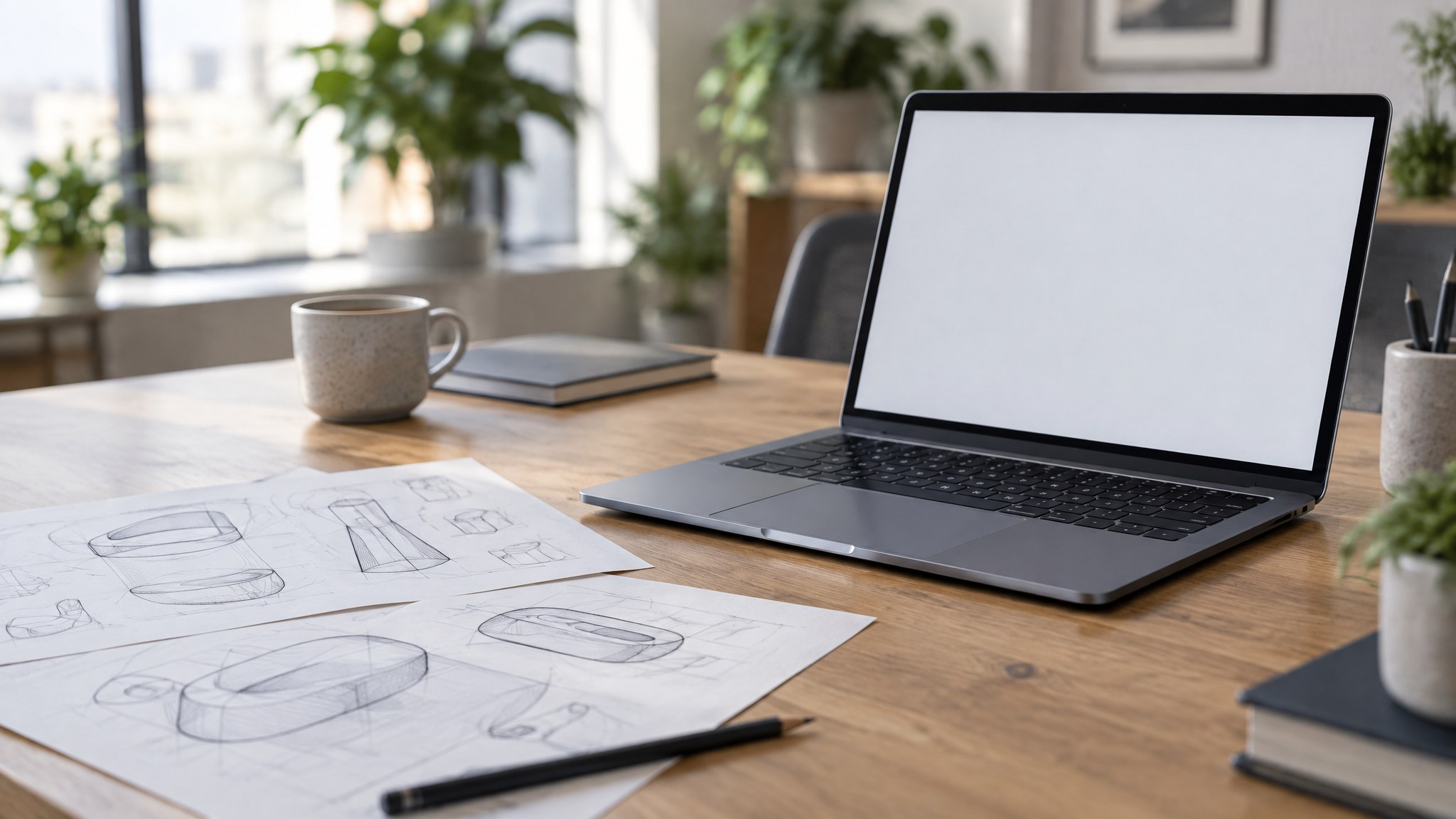 Laptop und Skizzenpapiere auf einem Schreibtisch, Symbol für Produktentwicklung digitaler Technologien