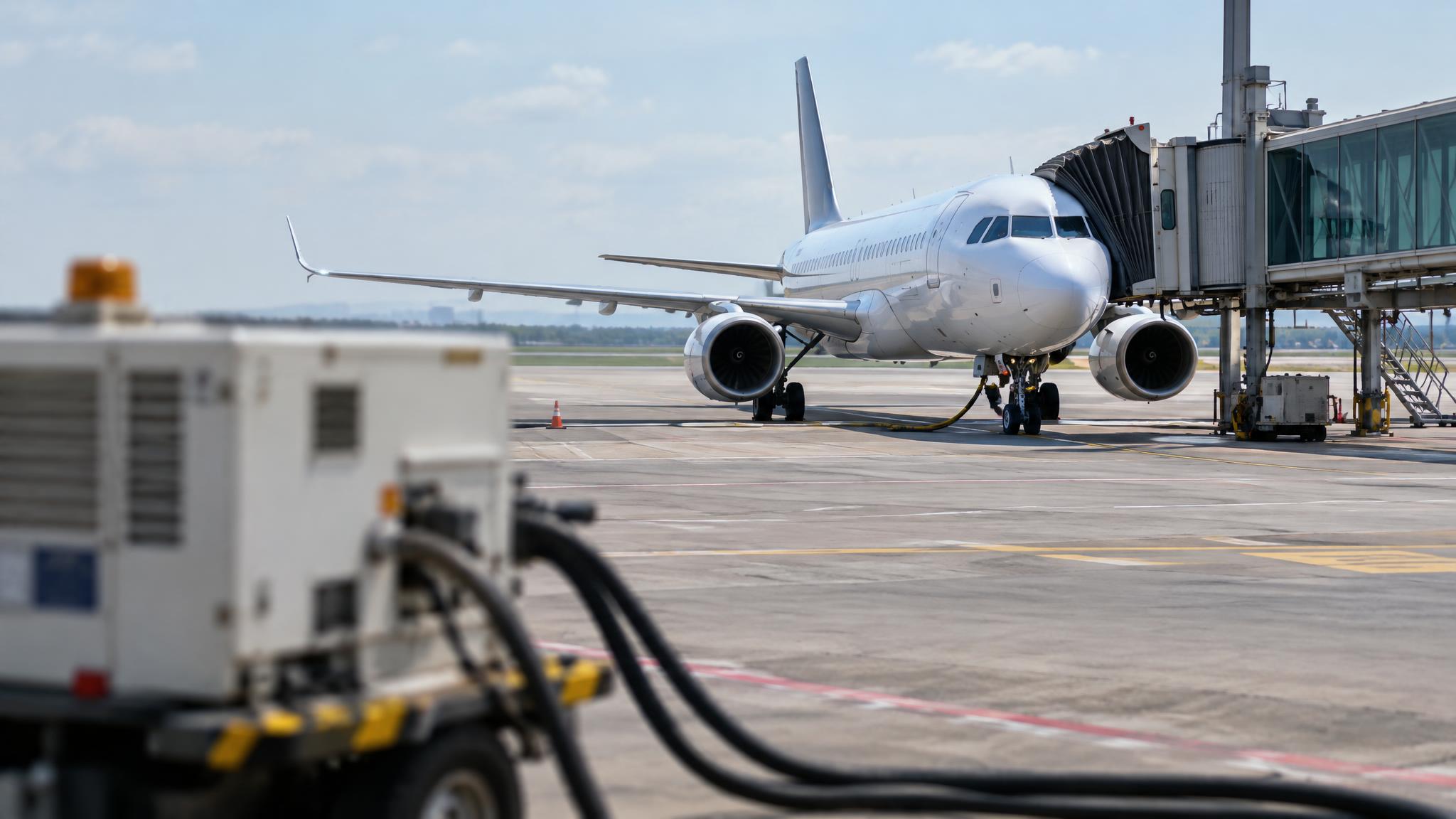 Flugzeug am Gate mit Bodenversorgungsgerät im Vordergrund, unscharfes Vorfeld