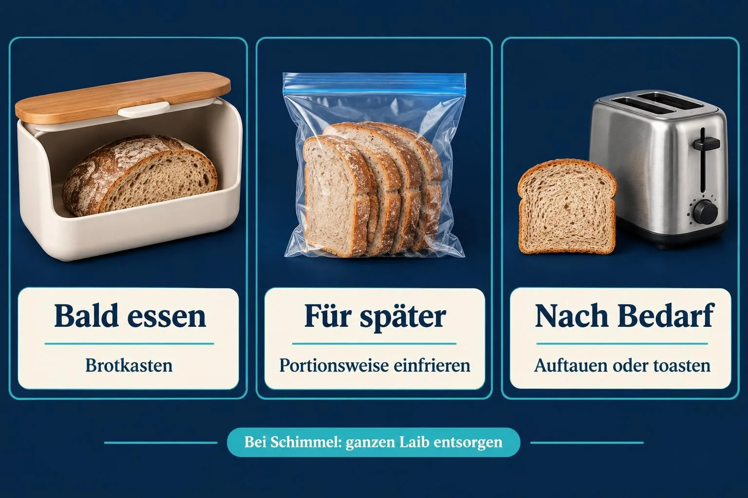 Drei Stationen der Brotaufbewahrung: Brotkasten, portionsweise einfrieren und nach Bedarf auftauen oder toasten.