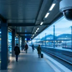 KI-Symbolbild: Kamera über einem Bahnsteig mit Reisenden in der Ferne